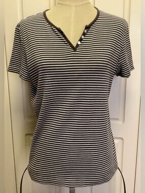Jones New York Sport Shirt Top-Brown White Stripes-Short Sleeve-Button-Cotton-XL